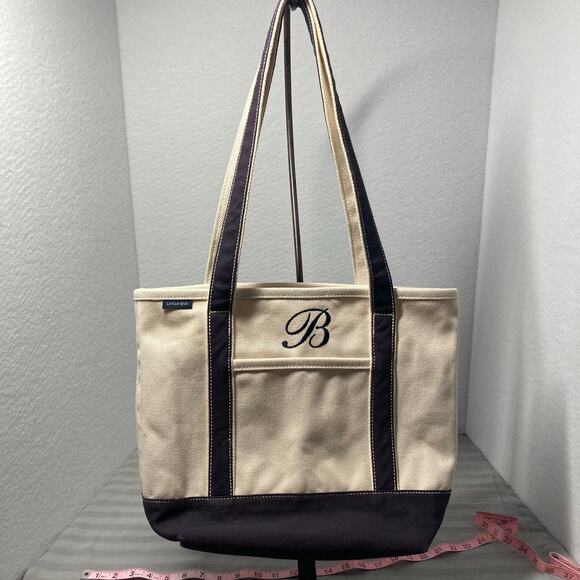 Lands End Canvas Tote Beige and Navy w/ letter "B" Good Condition. Pre-Owned - Picture 1 of 14